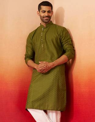 Men mehendi green cotton geometric jacquard kurta - premium barfi pattern summer wear 2