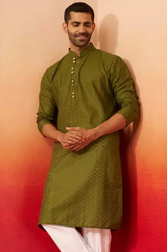Men mehendi green cotton geometric jacquard kurta - premium barfi pattern summer wear