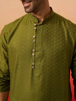 Men mehendi green cotton geometric jacquard kurta - premium barfi pattern summer wear 3