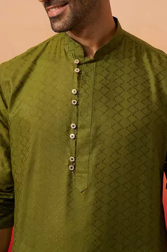 Men mehendi green cotton geometric jacquard kurta - premium barfi pattern summer wear
