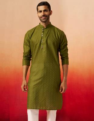 Men mehendi green cotton geometric jacquard kurta - premium barfi pattern summer wear 4