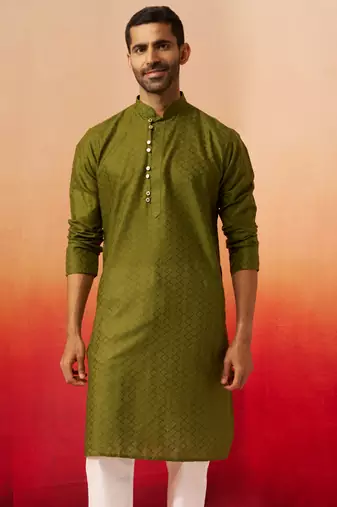 Men mehendi green cotton geometric jacquard kurta - premium barfi pattern summer wear