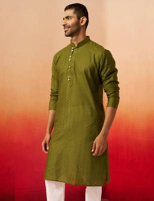 Men mehendi green cotton geometric jacquard kurta - premium barfi pattern summer wear 5