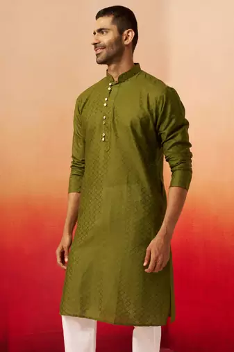 Men mehendi green cotton geometric jacquard kurta - premium barfi pattern summer wear