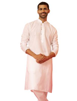 Men white cotton geometric jacquard kurta - premium barfi pattern versatile wear 1