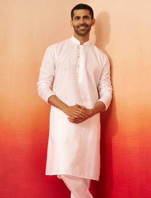 Men white cotton geometric jacquard kurta - premium barfi pattern versatile wear 2