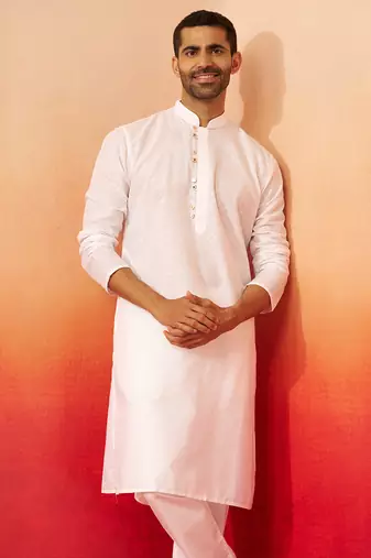 Men white cotton geometric jacquard kurta - premium barfi pattern versatile wear