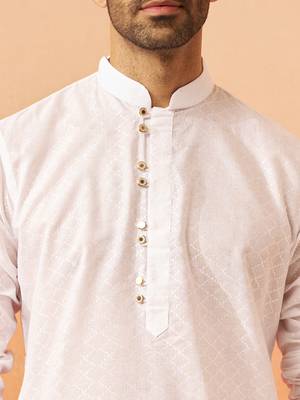 Men white cotton geometric jacquard kurta - premium barfi pattern versatile wear 3