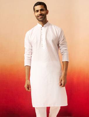 Men white cotton geometric jacquard kurta - premium barfi pattern versatile wear 4