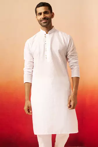 Men white cotton geometric jacquard kurta - premium barfi pattern versatile wear