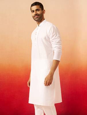 Men white cotton geometric jacquard kurta - premium barfi pattern versatile wear 5