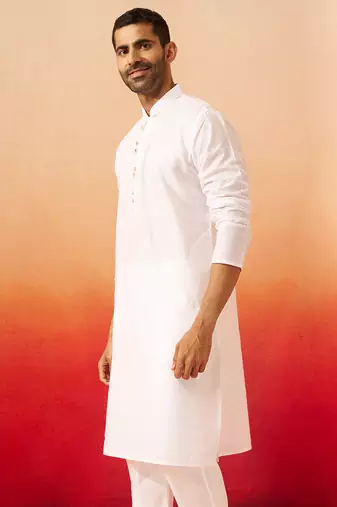 Men white cotton geometric jacquard kurta - premium barfi pattern versatile wear