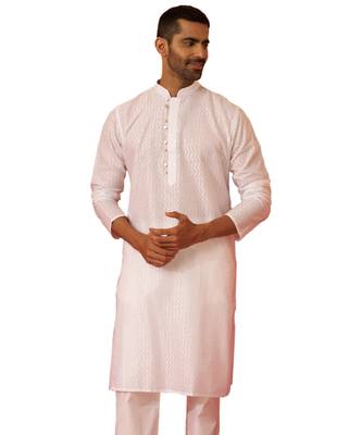 Men white cotton wave pattern jacquard kurta - premium geometric summer festive wear 1