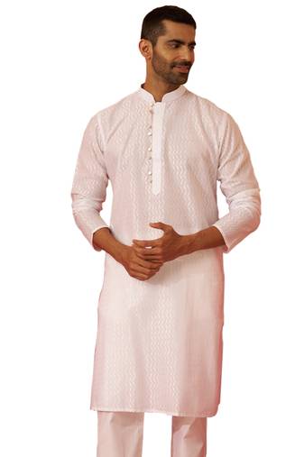 Men white cotton wave pattern jacquard kurta - premium geometric summer festive wear