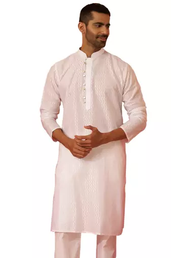 Men white cotton wave pattern jacquard kurta - premium geometric summer festive wear