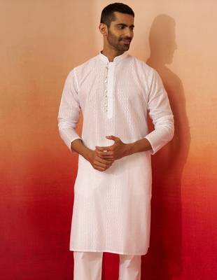 Men white cotton wave pattern jacquard kurta - premium geometric summer festive wear 2