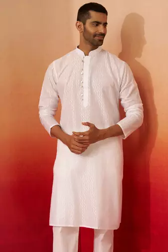Men white cotton wave pattern jacquard kurta - premium geometric summer festive wear