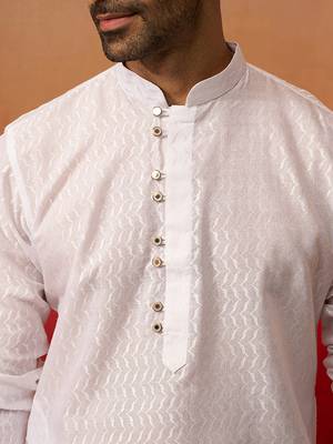 Men white cotton wave pattern jacquard kurta - premium geometric summer festive wear 3