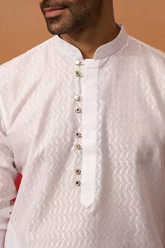 Men white cotton wave pattern jacquard kurta - premium geometric summer festive wear