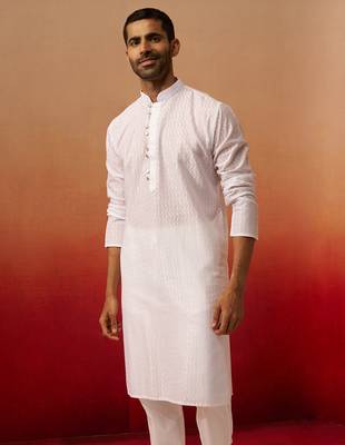 Men white cotton wave pattern jacquard kurta - premium geometric summer festive wear 4