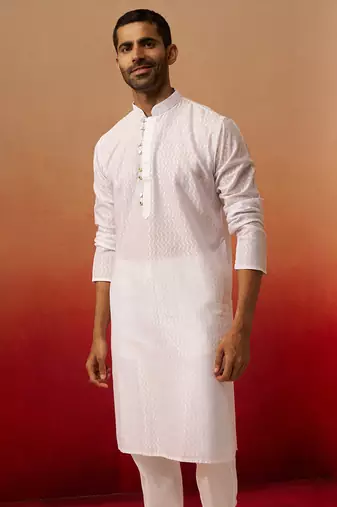 Men white cotton wave pattern jacquard kurta - premium geometric summer festive wear