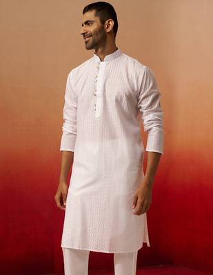 Men white cotton wave pattern jacquard kurta - premium geometric summer festive wear 5