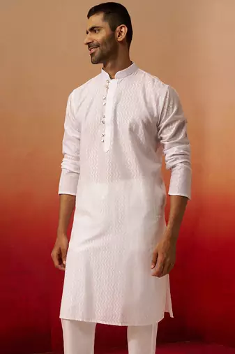 Men white cotton wave pattern jacquard kurta - premium geometric summer festive wear