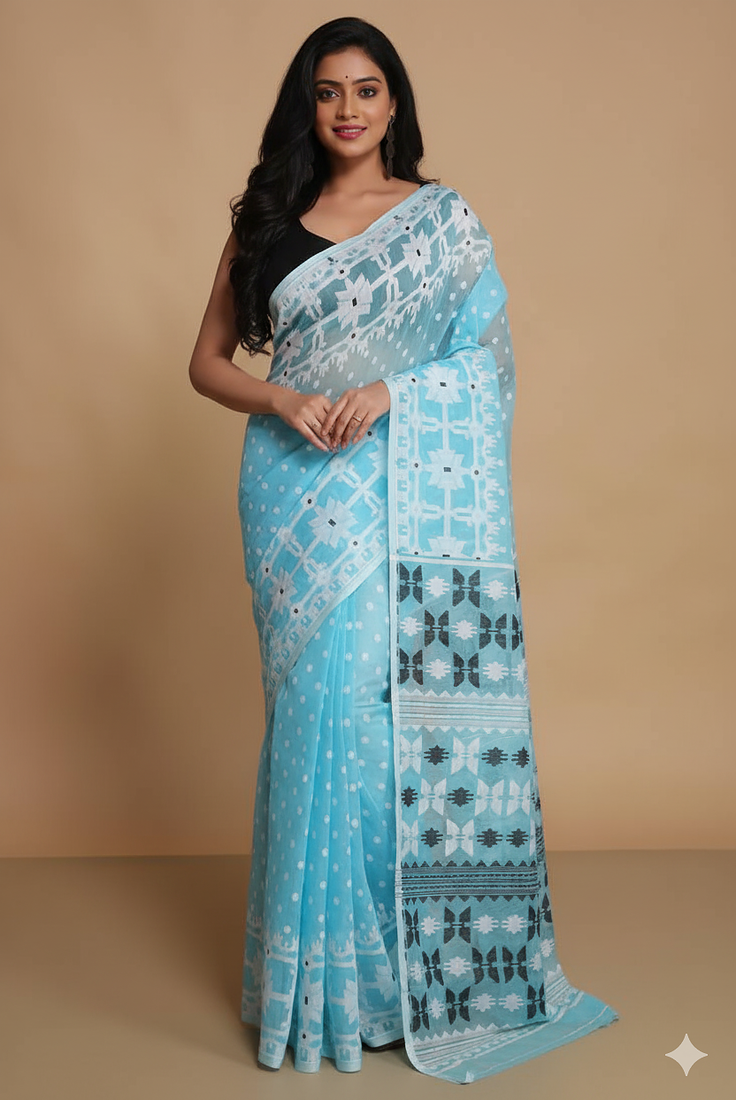 Women'S Cotton Silk Dhakai Softs Vojadi Dhakai Jamdani Sarees (Sky) Without Blouse