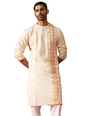 Mens white rust cotton jamdani kurta - navratri handwoven traditional wear 1