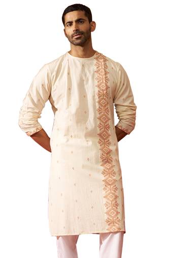 Mens white rust cotton jamdani kurta - navratri handwoven traditional wear