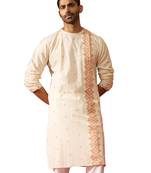 Mens white rust cotton jamdani kurta - navratri handwoven traditional wear