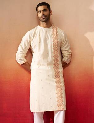 Mens white rust cotton jamdani kurta - navratri handwoven traditional wear 2