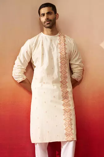 Mens white rust cotton jamdani kurta - navratri handwoven traditional wear