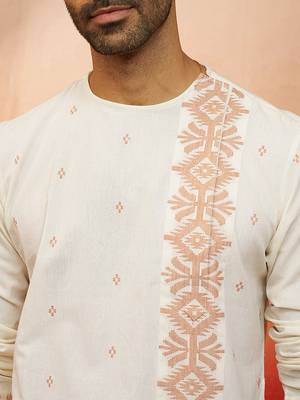 Mens white rust cotton jamdani kurta - navratri handwoven traditional wear 3