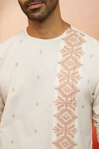 Mens white rust cotton jamdani kurta - navratri handwoven traditional wear