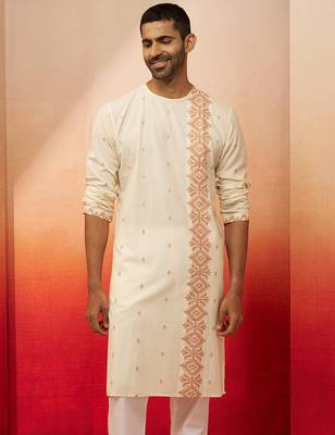 Mens white rust cotton jamdani kurta - navratri handwoven traditional wear 4