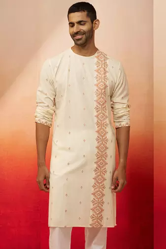 Mens white rust cotton jamdani kurta - navratri handwoven traditional wear