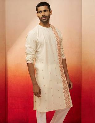 Mens white rust cotton jamdani kurta - navratri handwoven traditional wear 5