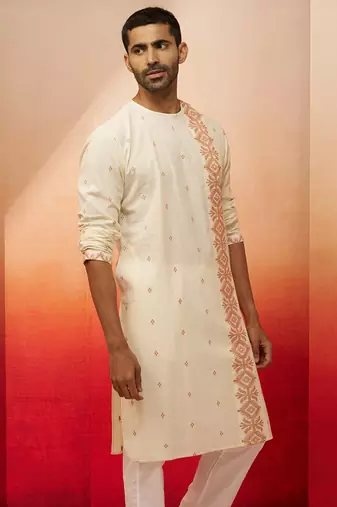 Mens white rust cotton jamdani kurta - navratri handwoven traditional wear