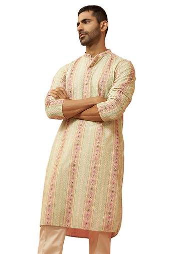 Men mint green cotton sequin embroidered kurta - premium festive glitz party wear