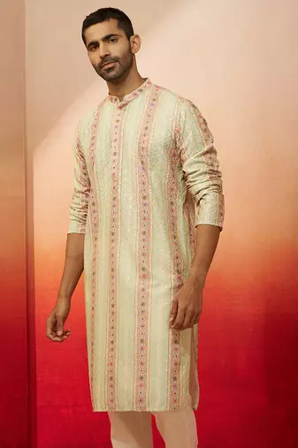 Men mint green cotton sequin embroidered kurta - premium festive glitz party wear