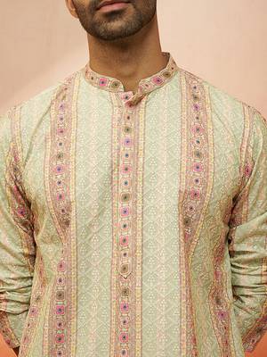 Men mint green cotton sequin embroidered kurta - premium festive glitz party wear 3