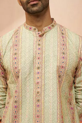 Men mint green cotton sequin embroidered kurta - premium festive glitz party wear