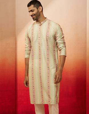 Men mint green cotton sequin embroidered kurta - premium festive glitz party wear 4