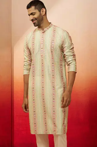 Men mint green cotton sequin embroidered kurta - premium festive glitz party wear