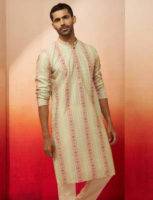 Men mint green cotton sequin embroidered kurta - premium festive glitz party wear 5