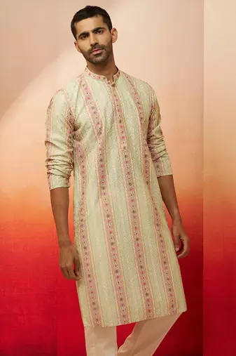 Men mint green cotton sequin embroidered kurta - premium festive glitz party wear