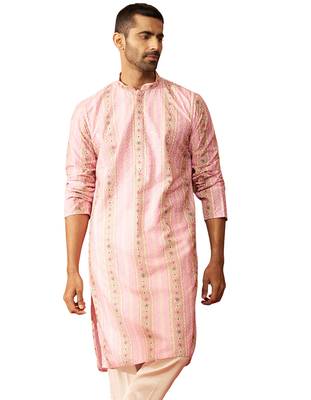 Men peach cotton sequin embroidered kurta - premium festive glitz traditional wear 1