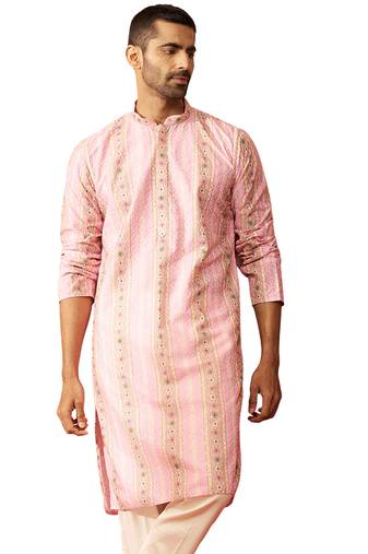 Men peach cotton sequin embroidered kurta - premium festive glitz traditional wear