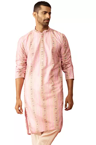 Men peach cotton sequin embroidered kurta - premium festive glitz traditional wear
